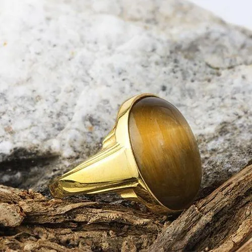 10k Yellow Solid Gold with NATURAL TIGERS EYE Fine Gemstone Ring