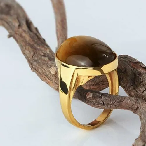 10k Yellow Solid Gold with NATURAL TIGERS EYE Fine Gemstone Ring