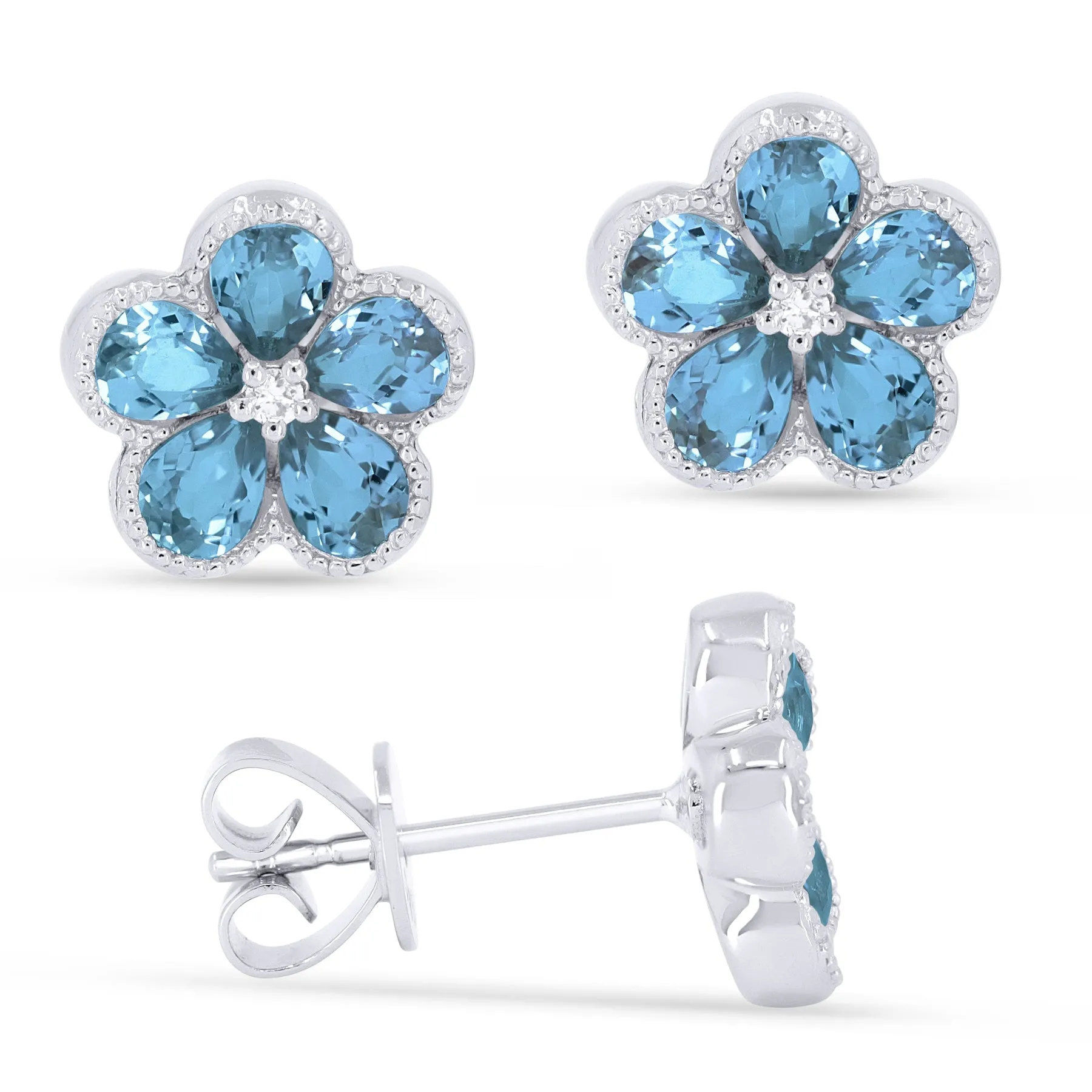 14k Gold 1.96 Ct London Blue Topaz, 0.03 ct Diamond Flower Earring, Available in White and Yellow Gold