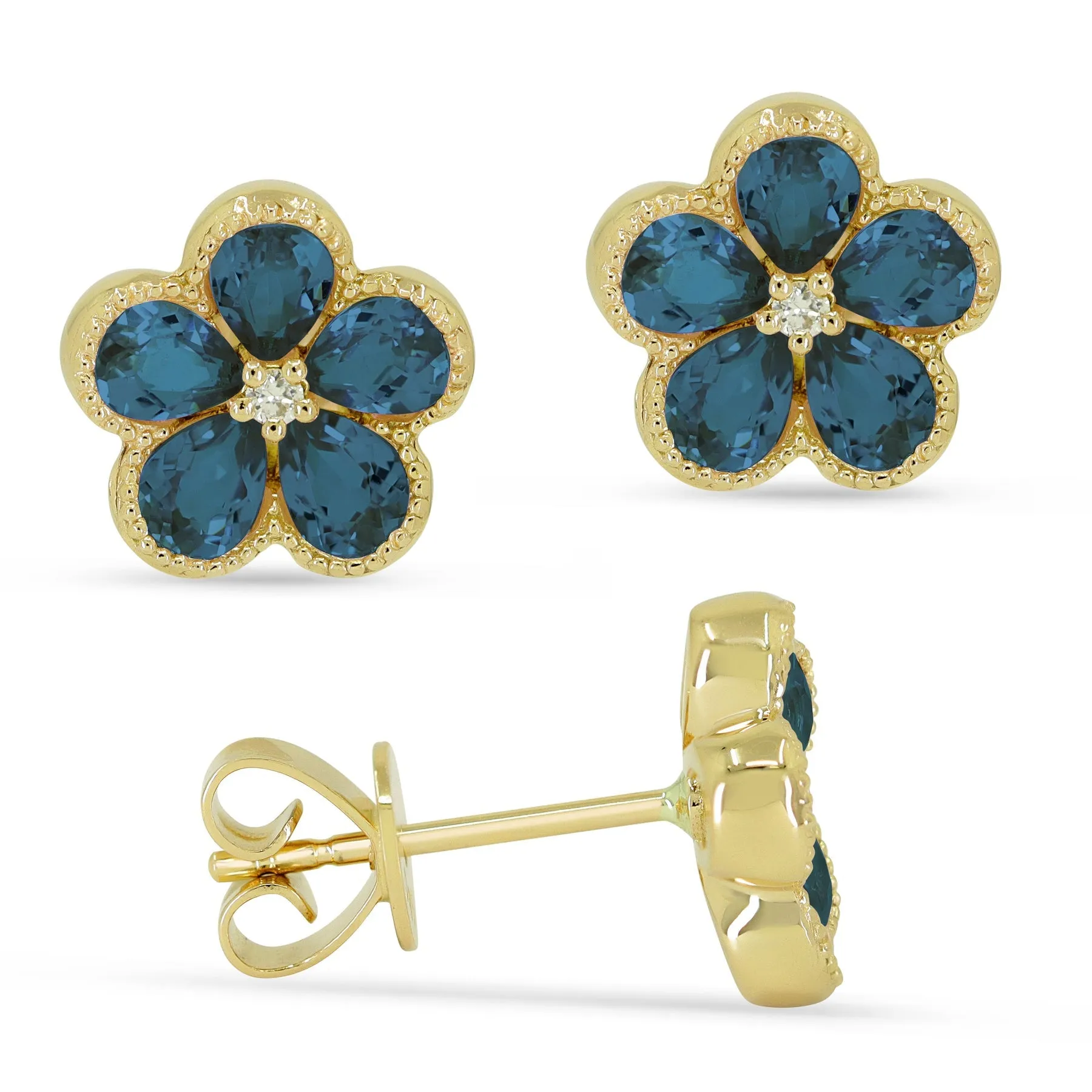 14k Gold 1.96 Ct London Blue Topaz, 0.03 ct Diamond Flower Earring, Available in White and Yellow Gold