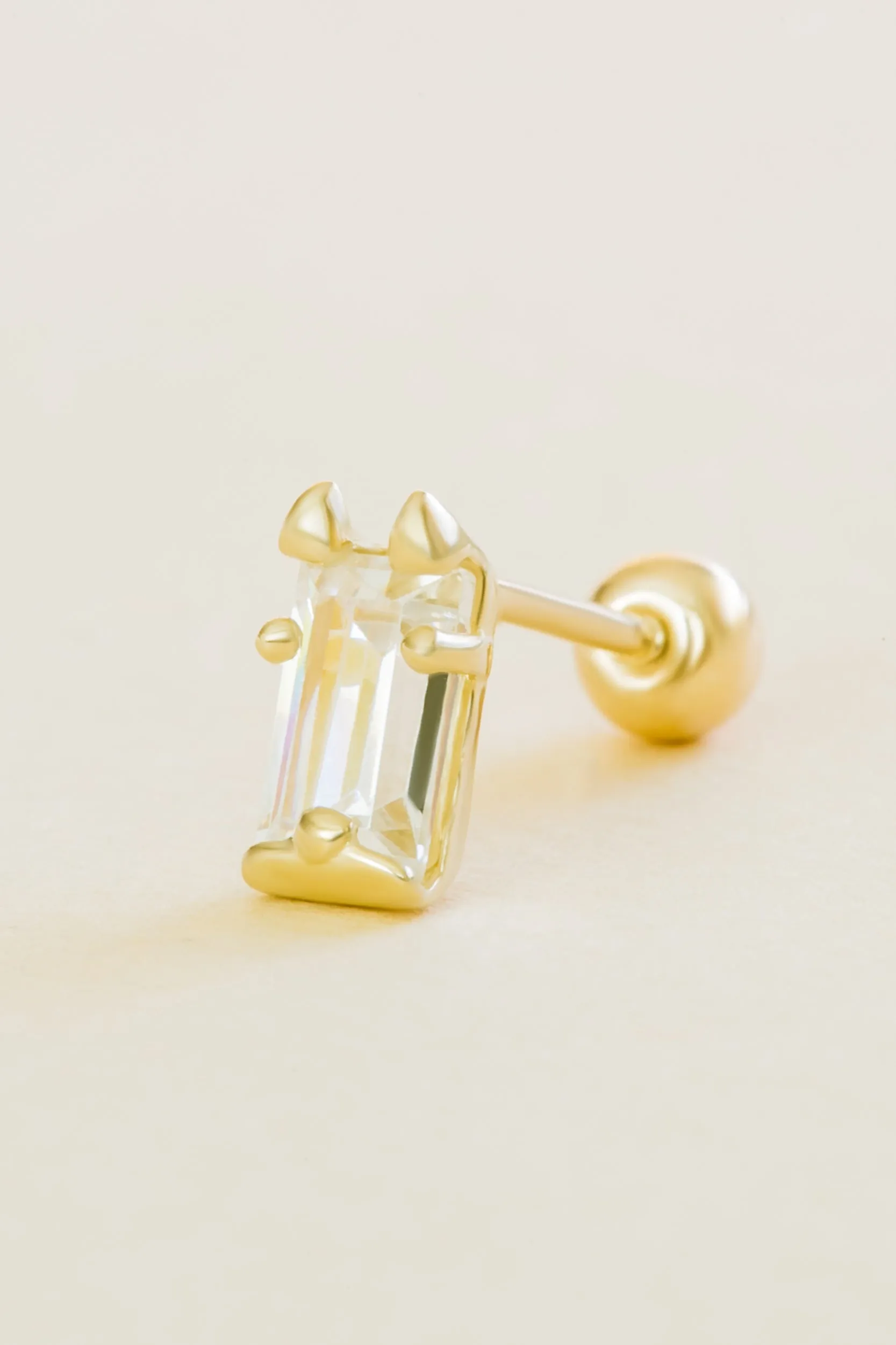 14k Solid Gold Cz Square Baguette Barbell Ball Ear Post Stud Earring Piercing