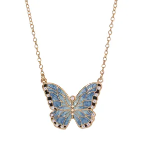 1928 Jewelry Blue Enamel Crystal Butterfly Pendant Necklace 18"   3" Extender