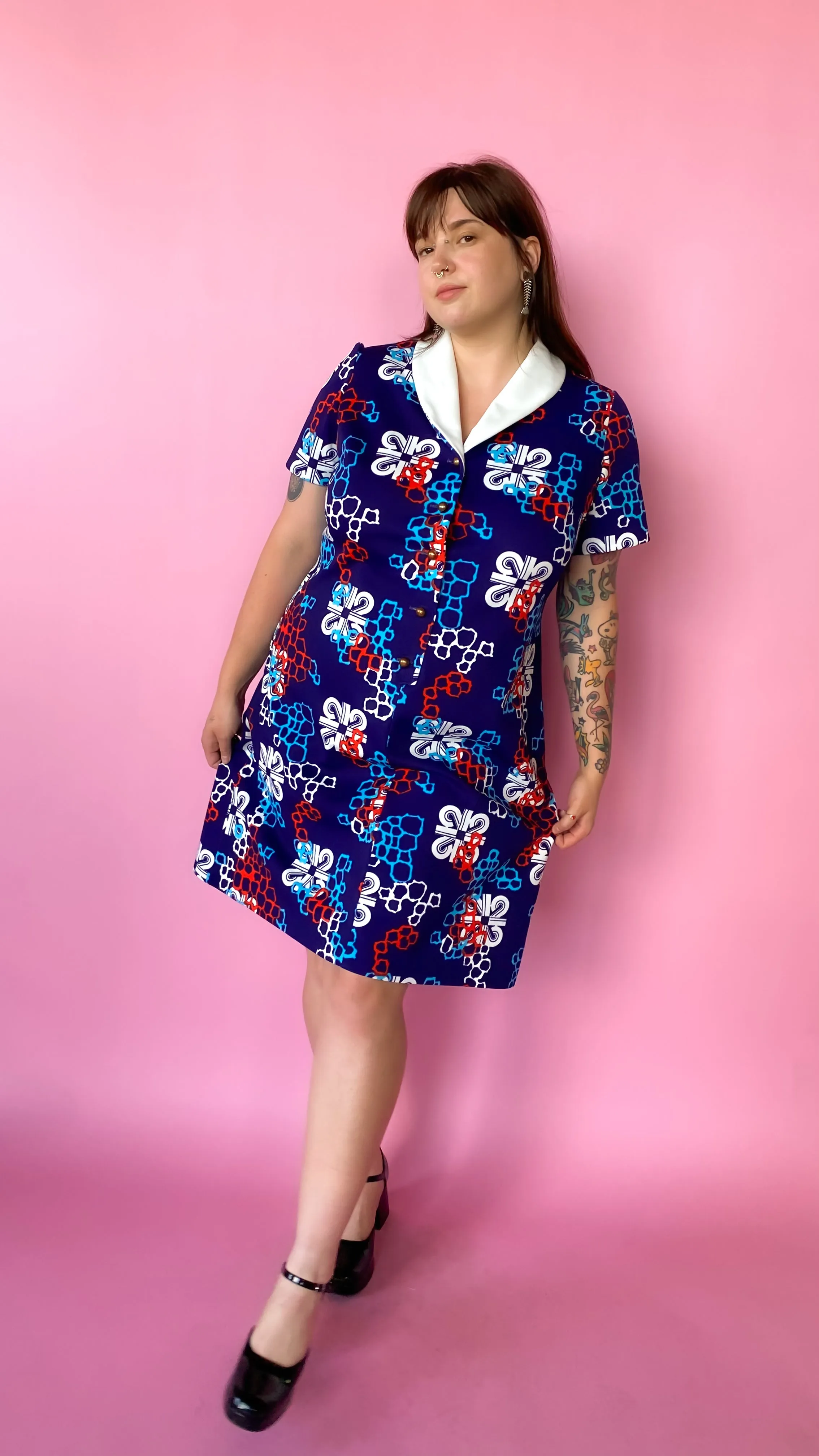 1970s Navy Blue Geometric Button-Down Dress, sz. 1XL/2XL