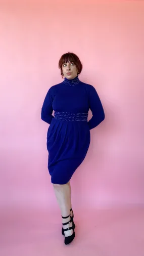 1990s Blue Beaded Sleeved Dress, sz. M