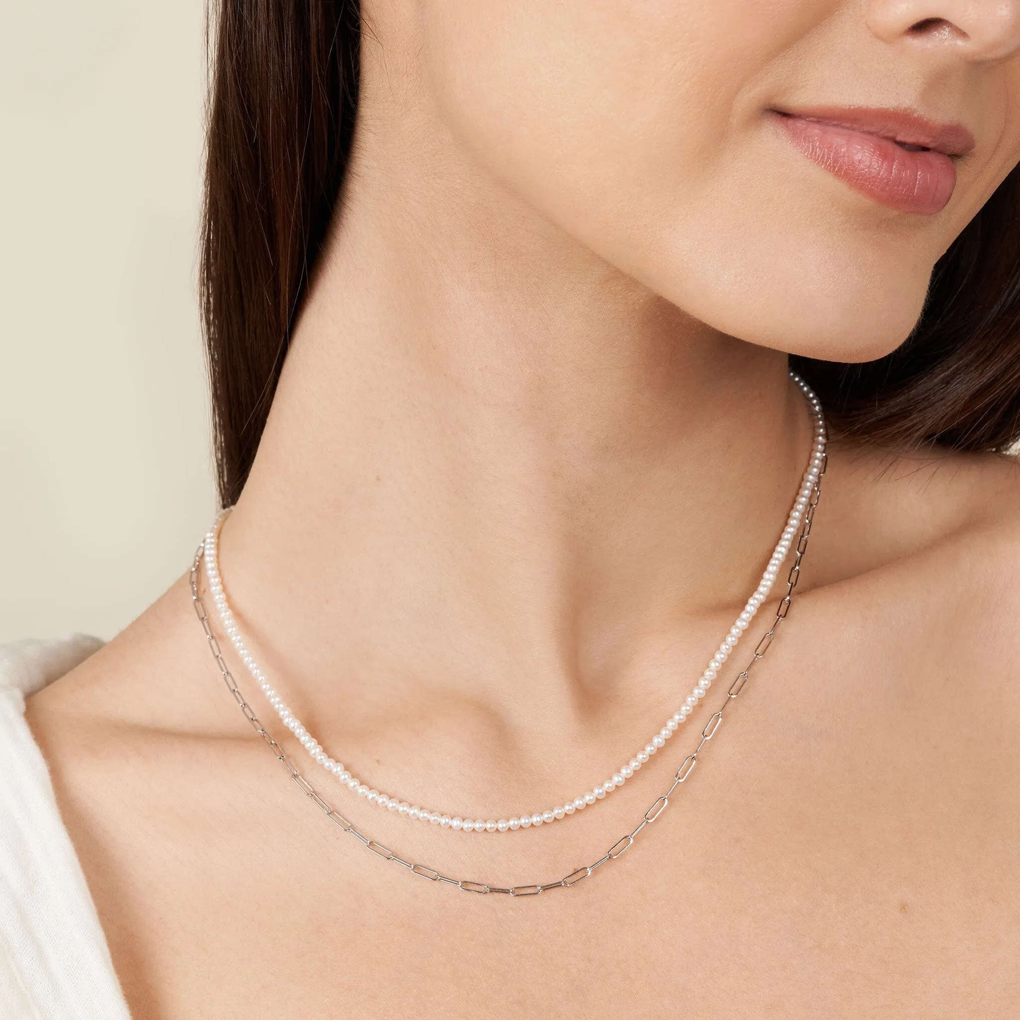 2.5-3.0 mm AAA Freshwater Pearl Necklace with Paperclip Chain Set