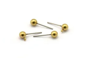 300 Earring Posts with Raw Brass Ball Pad and 5 mm Hole Hook   A0394