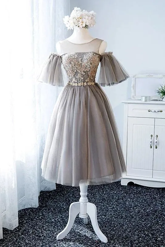 A Line Knee Length Tulle Homecoming Dress with Sleeves Cute Short Prom Gown