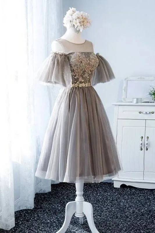 A Line Knee Length Tulle Homecoming Dress with Sleeves Cute Short Prom Gown