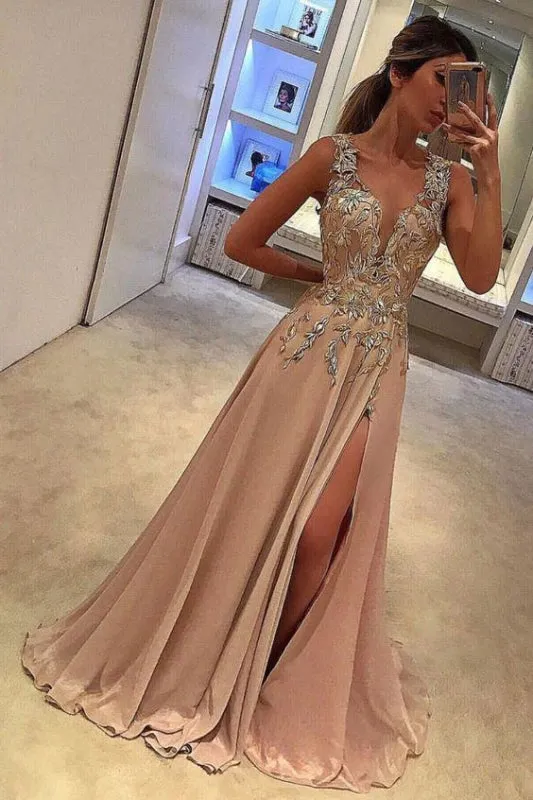 A Line Split Deep V Neck Sleeveless Prom with Appliques Long Evening Dress