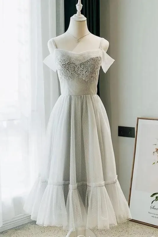 A Line Tea Length Off the Shoulder Homecoming Dresses with Lace Appliques