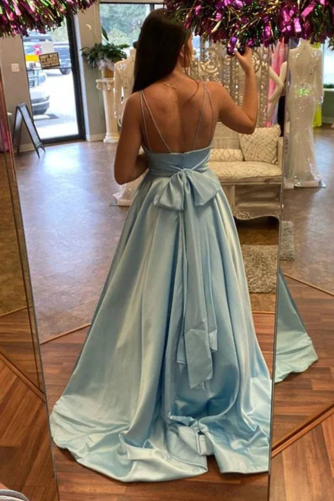 A Line V Neck Blue Satin Long Prom Dress, Long Blue Formal Graduation Evening Dress