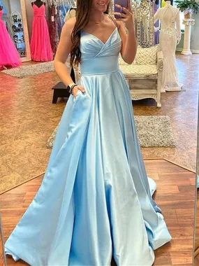 A Line V Neck Blue Satin Long Prom Dress, Long Blue Formal Graduation Evening Dress