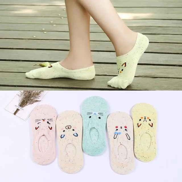 A Set of 5 Pairs Cute Harajuku Printed Low Ankle Summer Socks for Women