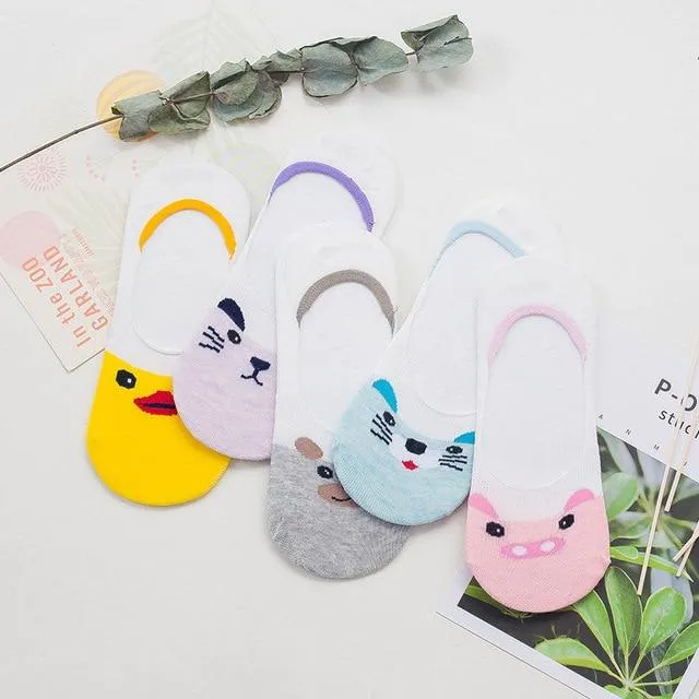 A Set of 5 Pairs Cute Harajuku Printed Low Ankle Summer Socks for Women