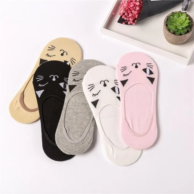 A Set of 5 Pairs Cute Harajuku Printed Low Ankle Summer Socks for Women