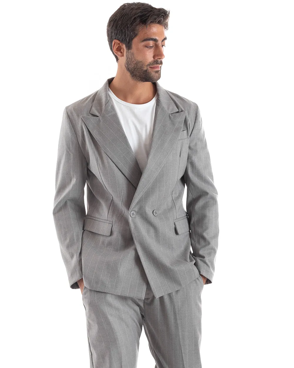 Abito Uomo Doppiopetto Vestito Viscosa Completo Giacca Pantaloni Grigio Elegante Cerimonia GIOSAL-OU2153A