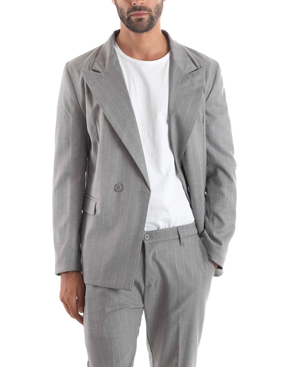 Abito Uomo Doppiopetto Vestito Viscosa Completo Giacca Pantaloni Grigio Elegante Cerimonia GIOSAL-OU2153A