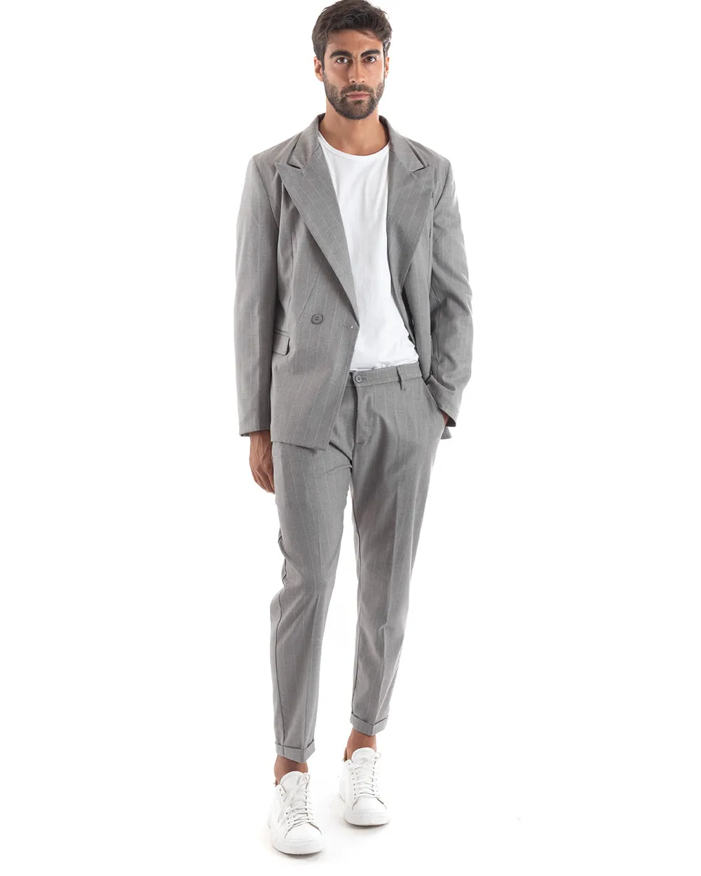 Abito Uomo Doppiopetto Vestito Viscosa Completo Giacca Pantaloni Grigio Elegante Cerimonia GIOSAL-OU2153A