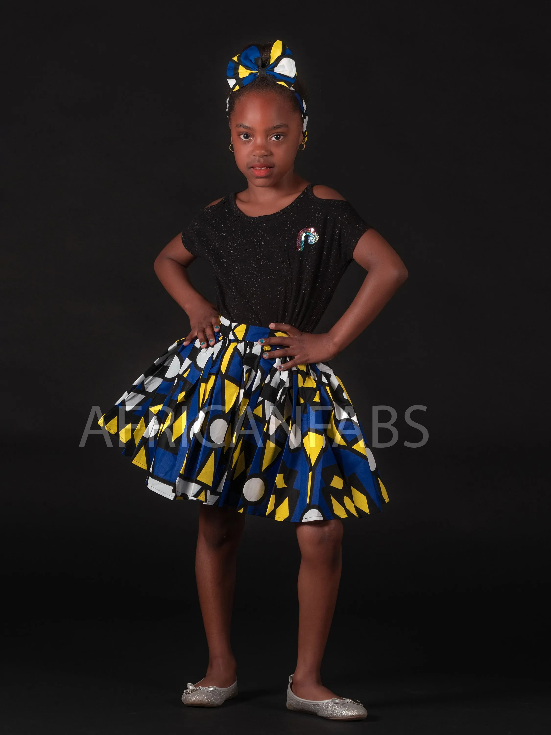 African print Kids Skirt   Headtie with Bow set Blue Samakaka ( 1 - 10 years )