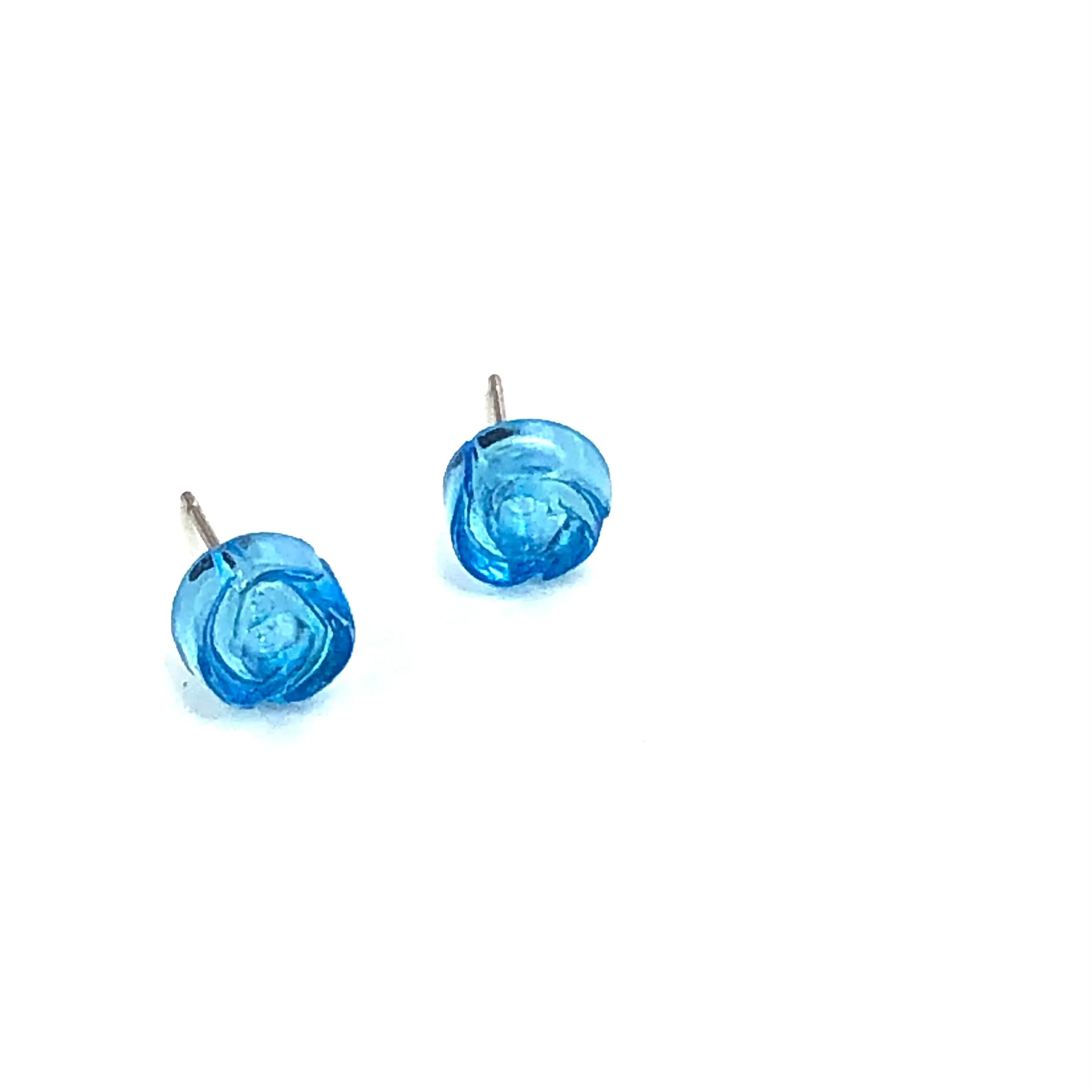 Aqua Blue Carved Lucite Rose Stud Earrings