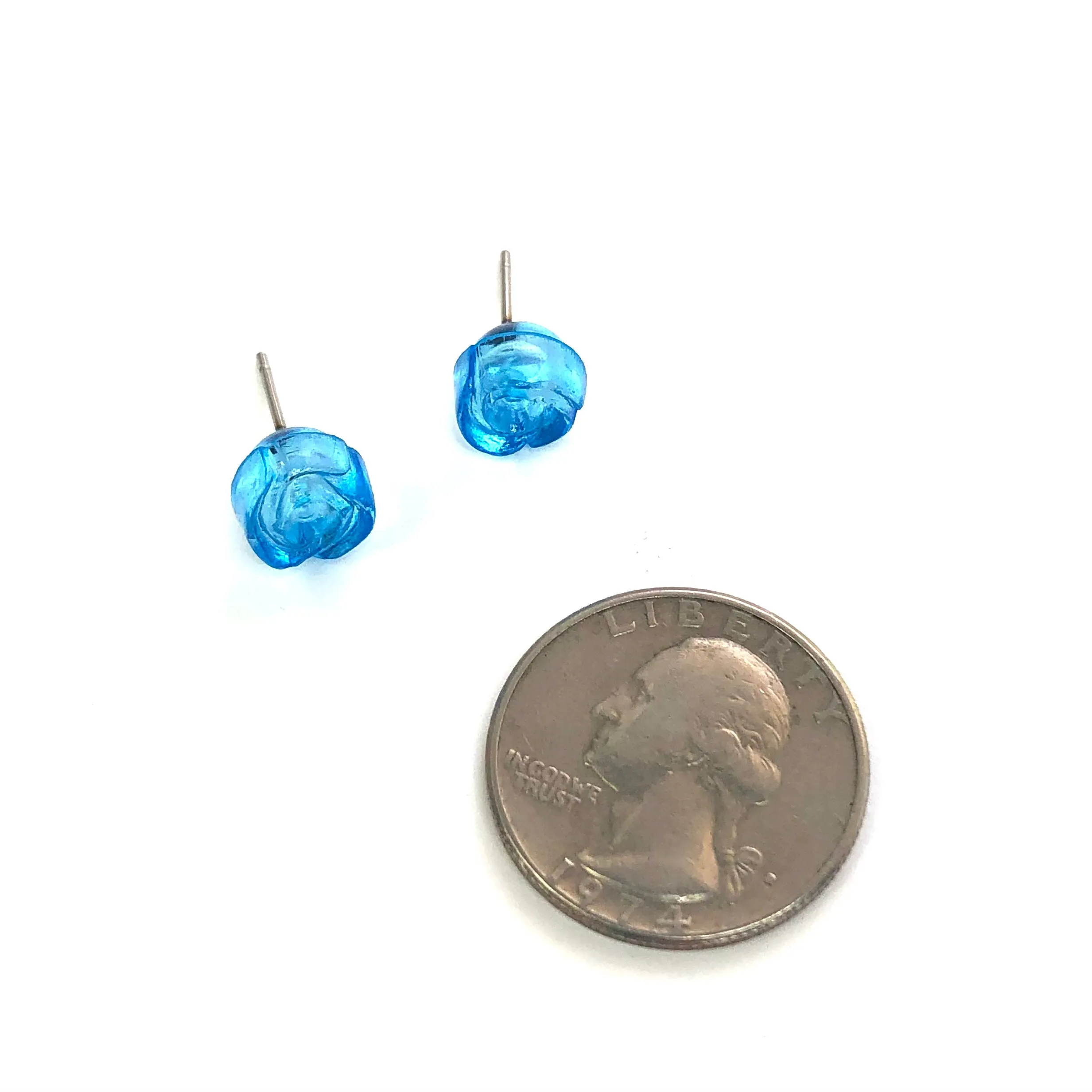 Aqua Blue Carved Lucite Rose Stud Earrings