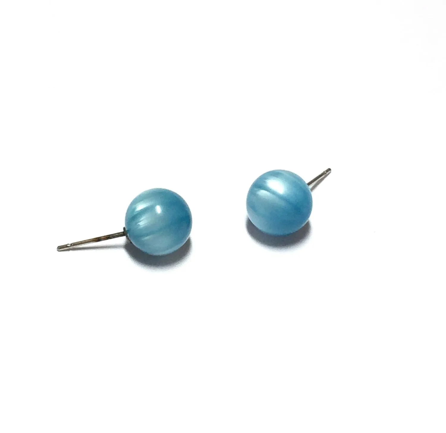 Aqua Blue Moonglow Striped Petite Ball Stud Earrings