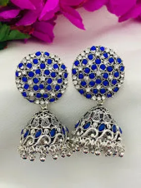 Attractive Blue Color Oxidized Antique Silver Toned Jhumka