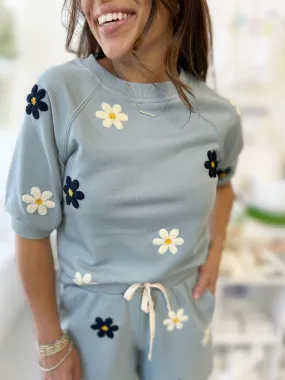 Baby Blue S/S Floral Embroidered Sweatshirt