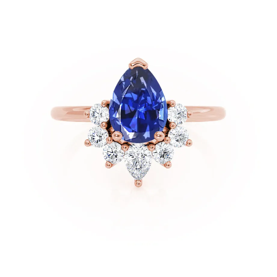 BALLET - Chatham® Pear Blue Sapphire & Diamond Half Halo Tiara Ring 18k Rose Gold