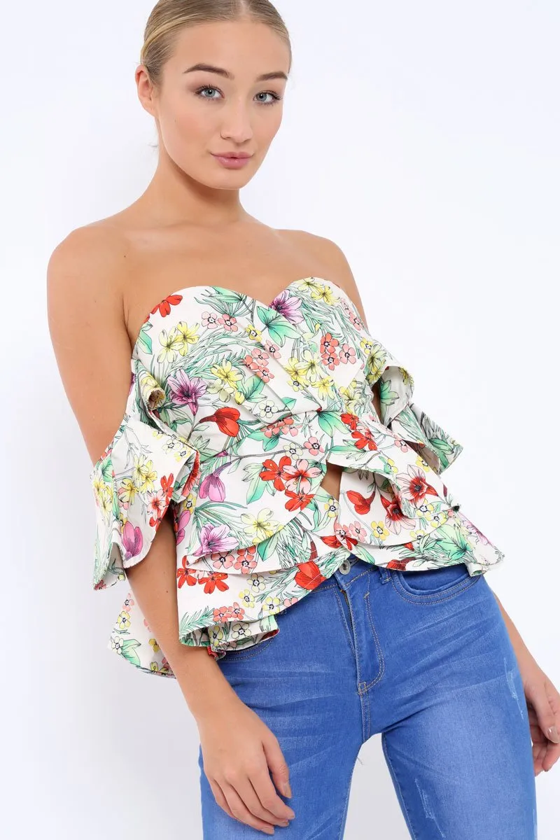 Beige Floral Bardot Corset Ruffle Sleeve Top - Shannen