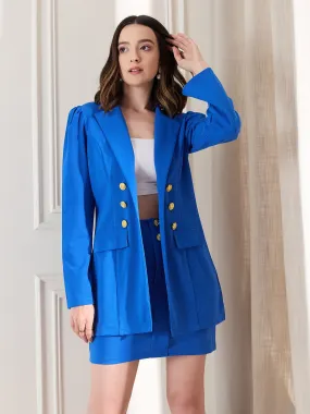 Berrylush BIZwear Women Solid Blue Collared Neck Puff Sleeves Two-Pockets Regular Blazer & High-Rise Waist Mini Skirt Co-Ord Set