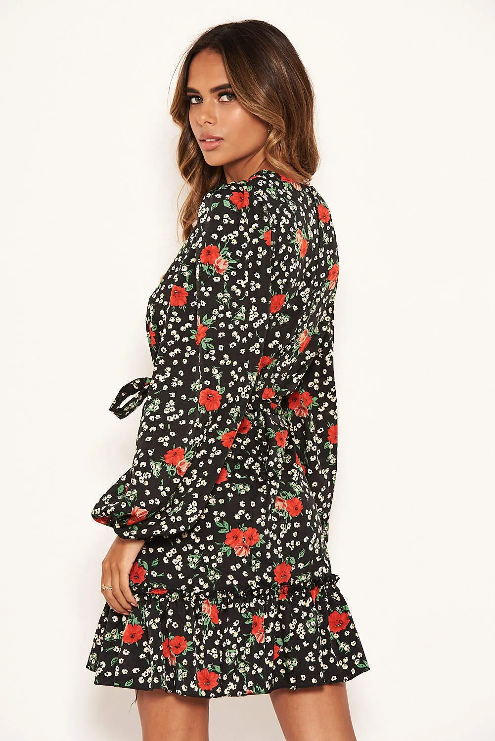 Black Floral Frill Hem Dress