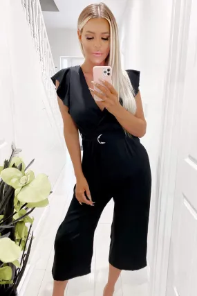 Black Frill Shoulder Wrap Jumpsuit