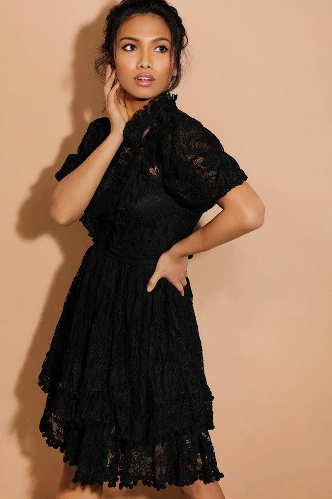 Black Pom Pom Trims Layered Delicate Lace Dress