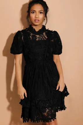 Black Pom Pom Trims Layered Delicate Lace Dress