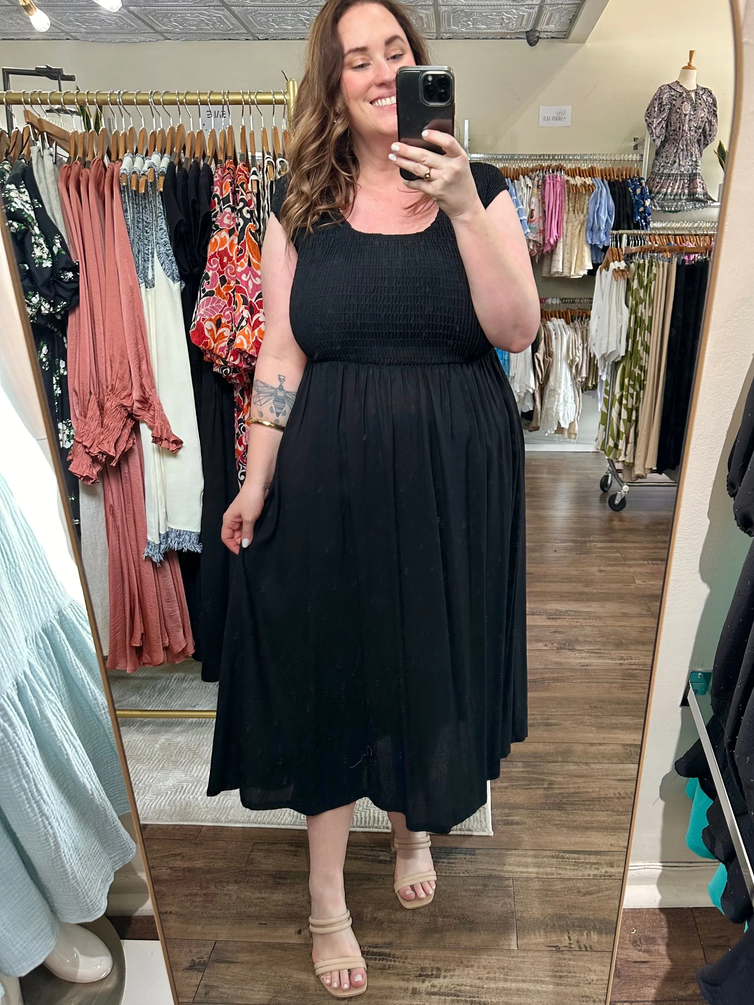 Black Smock Bust Midi Dress