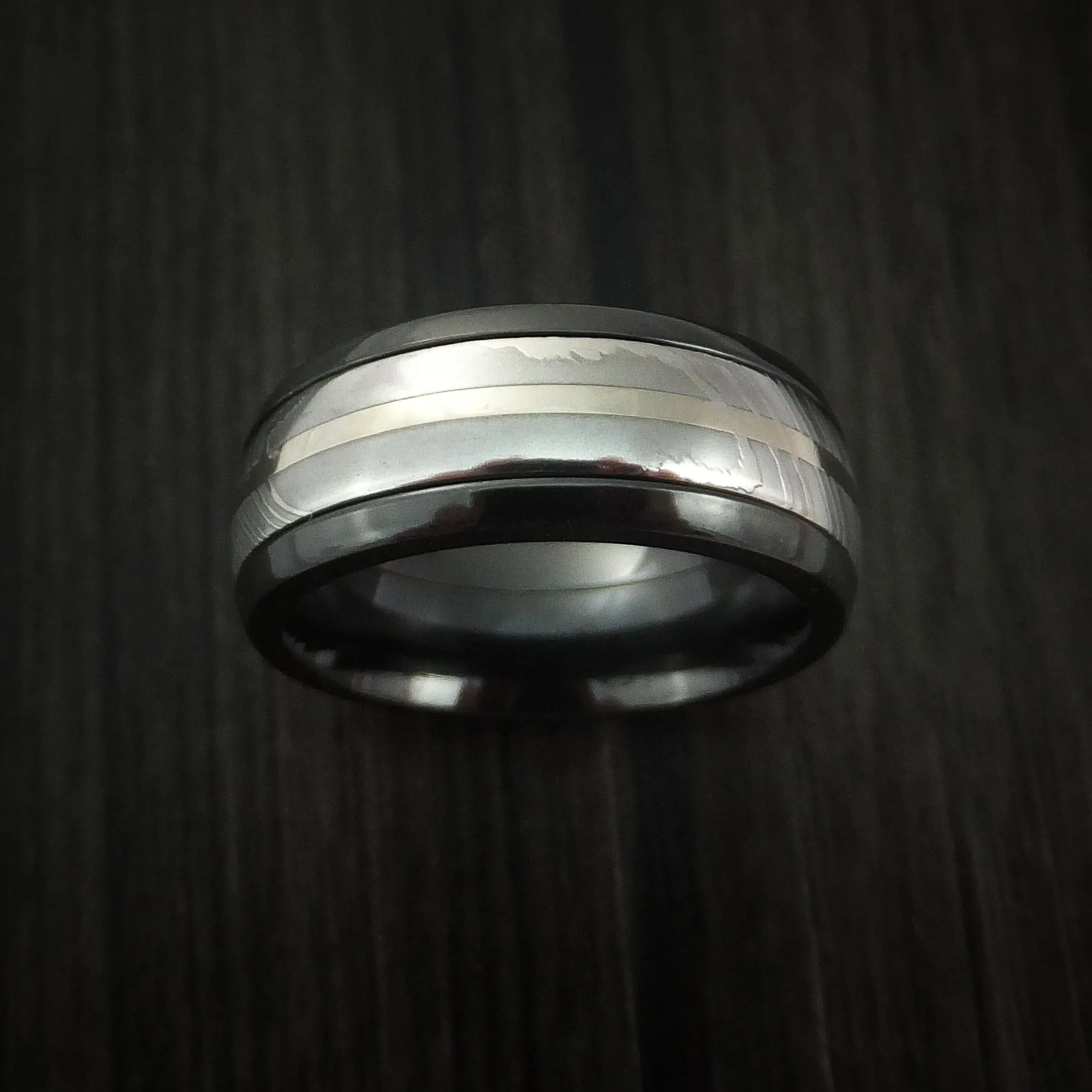 Black Titanium and Damascus Steel Band 14K White Gold Center Custom Made Men's Ring