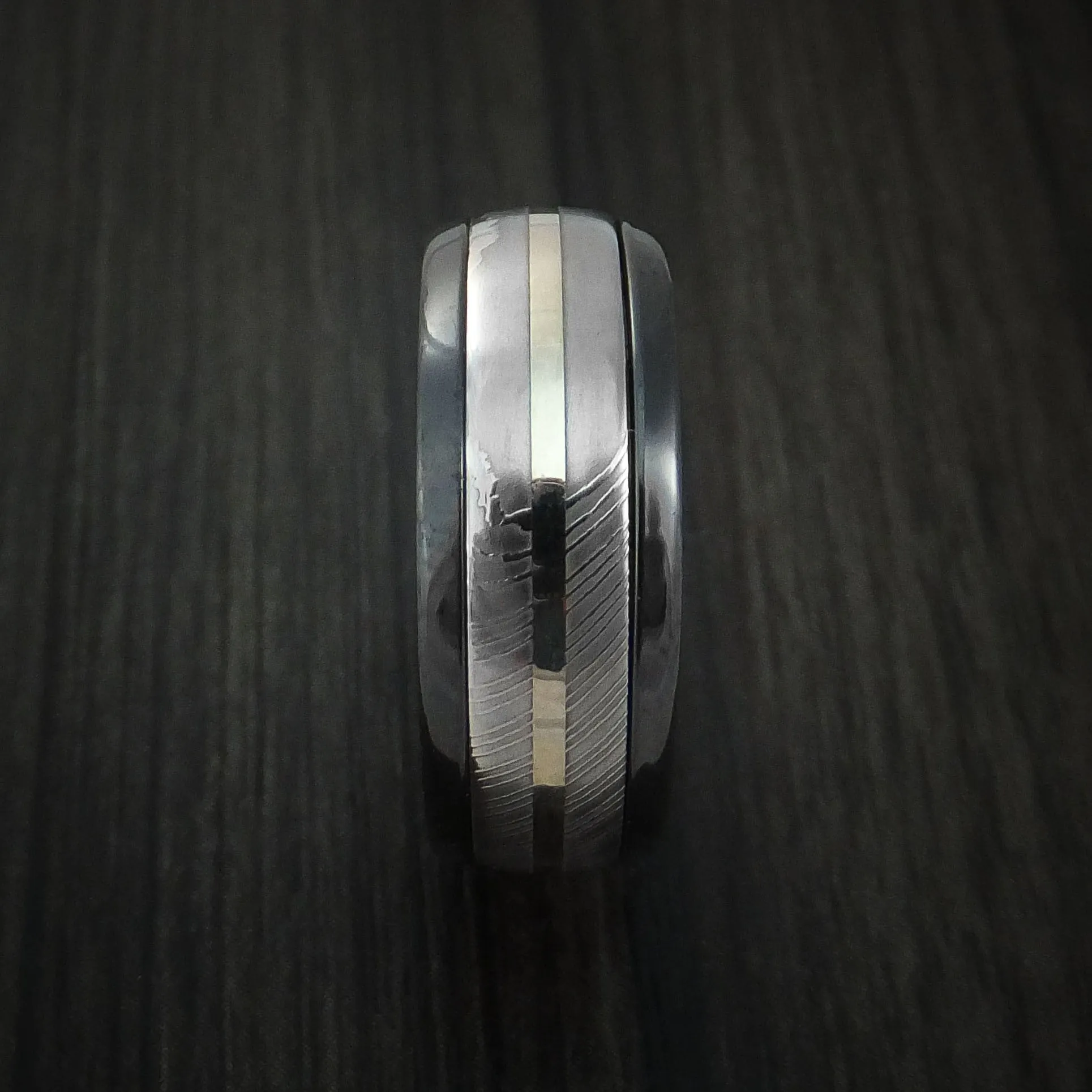 Black Titanium and Damascus Steel Band 14K White Gold Center Custom Made Men's Ring