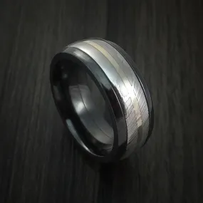 Black Titanium and Damascus Steel Band 14K White Gold Center Custom Made Men's Ring