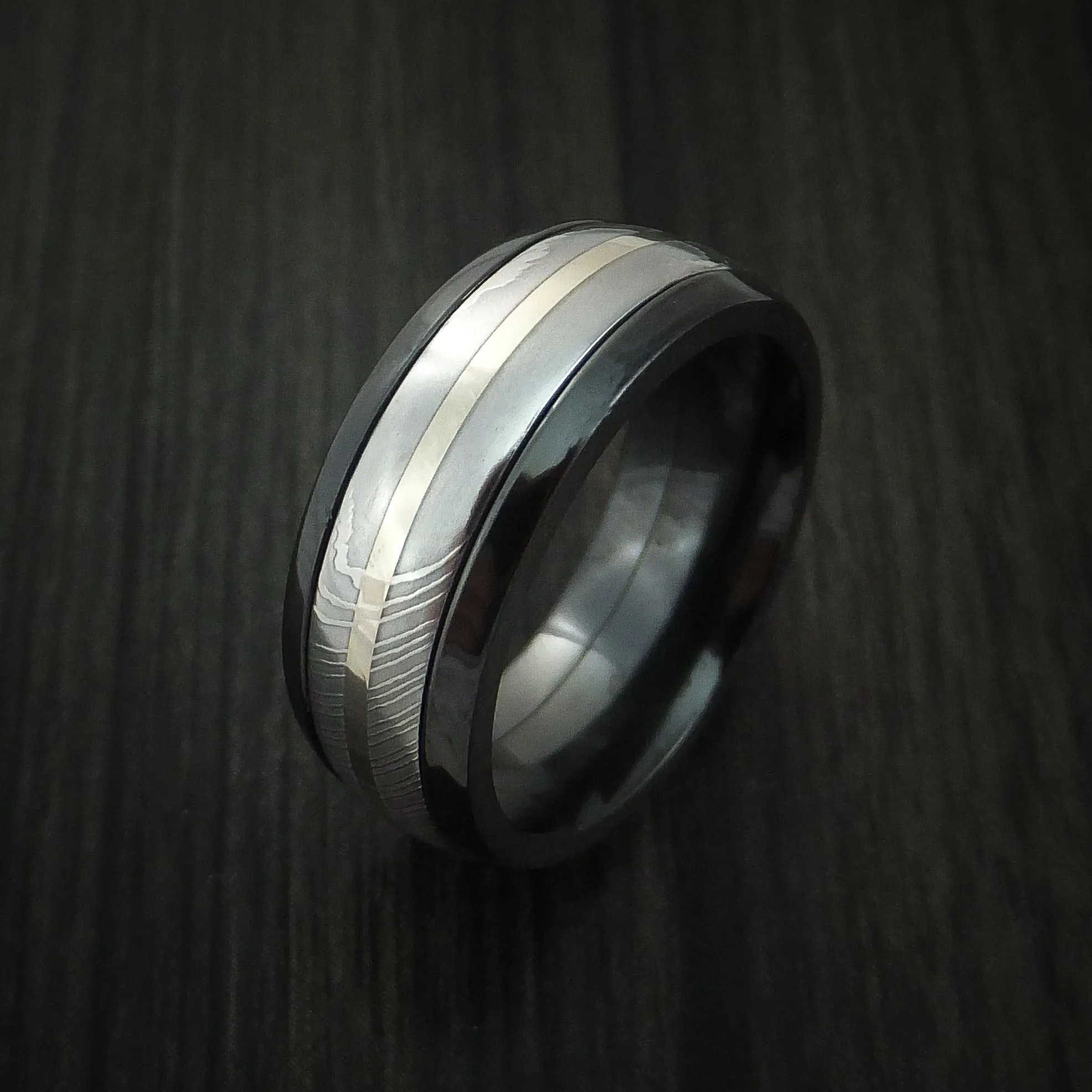 Black Titanium and Damascus Steel Band 14K White Gold Center Custom Made Men's Ring