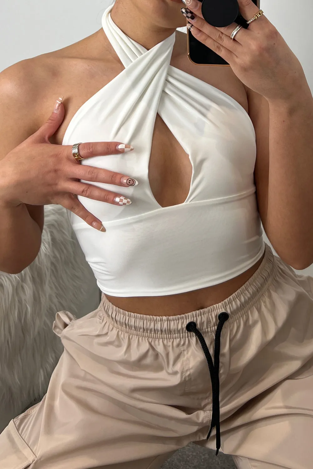 Blair White Wrap Halterneck Tie Back Slinky Crop Top