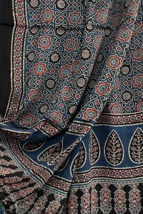 Blue Ajarkh Block Printed Modal Silk Tissue Border Dupatta