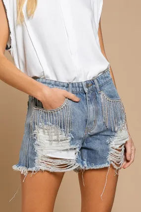 BLUE DENIM SHORTS WITH RHINESTONE FRINGE