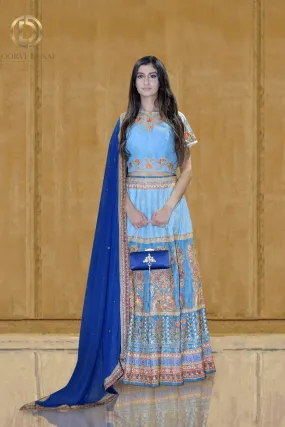 Blue Silk Multi-Printed Sangeet Party Lehenga Set