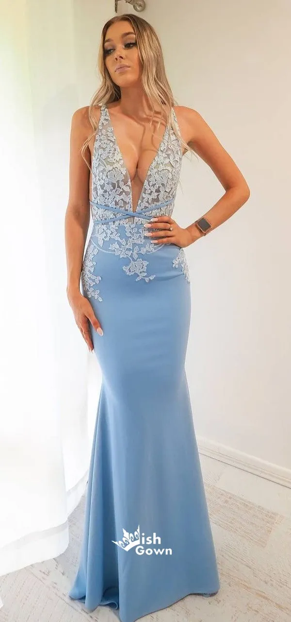 Blue Soft Satin Deep V-neck Appliques Mermaid Evening Gowns Prom Dresses, WGP183