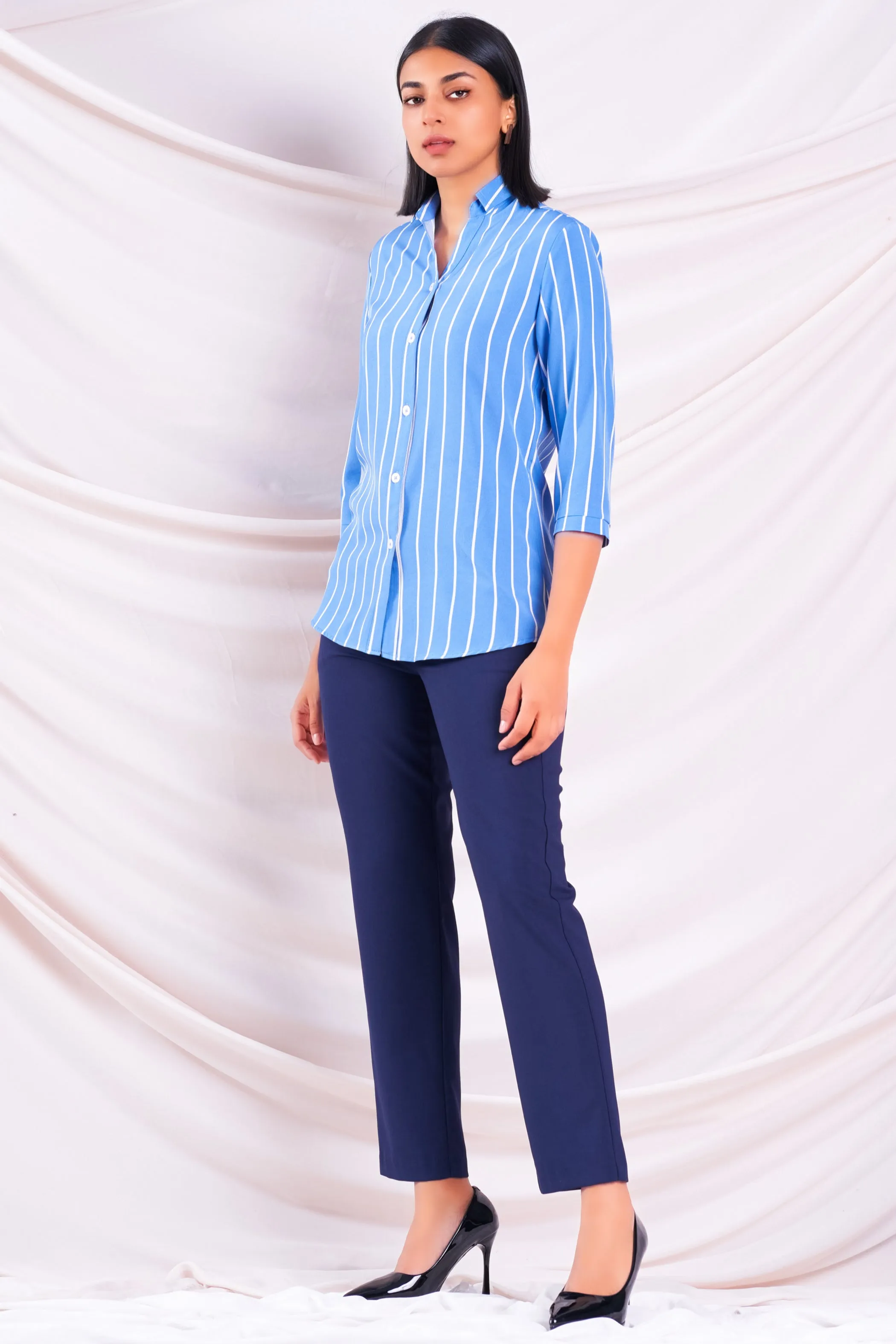 Blue Stripe Three Quarter Sleeve Shirt