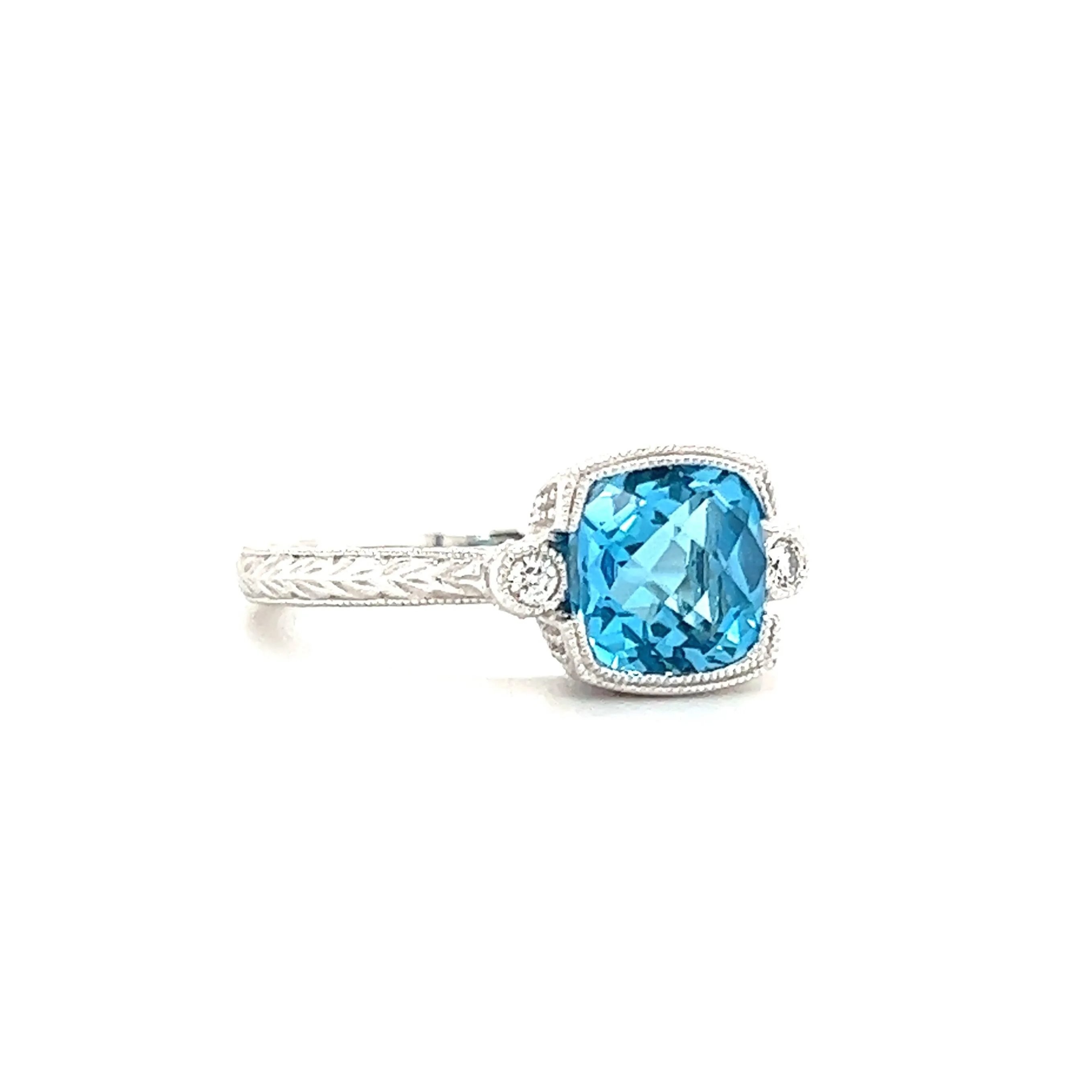 Blue Topaz Ring with Side Diamonds and Engraving in 14k White Gold