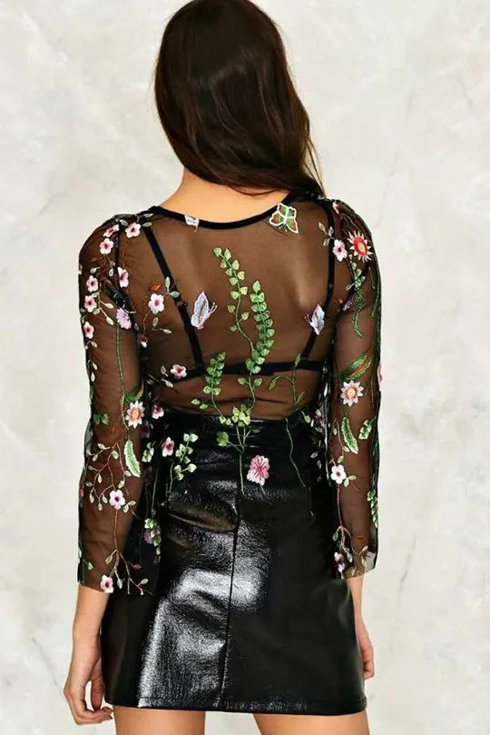 Bohemian Floral Embroidered Black Mesh Crop Top