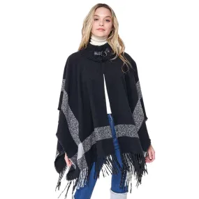 Bordered Fringe Open Cape Ruana Poncho