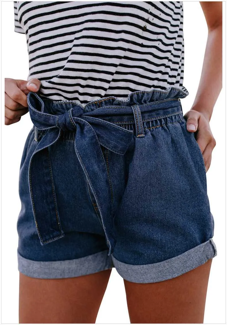 Boyfriend Loose Fit High Waisted Cuffed Paperbag Denim Shorts